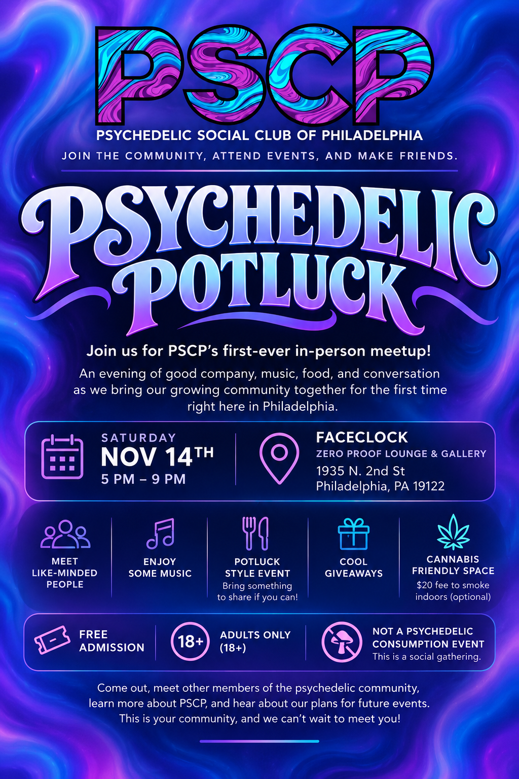 PSCP Psychedelic Potluck flyer: Saturday November 14, 5 PM to 9 PM at Faceclock Zero Proof Lounge and Gallery, 1935 N. 2nd Street, Philadelphia